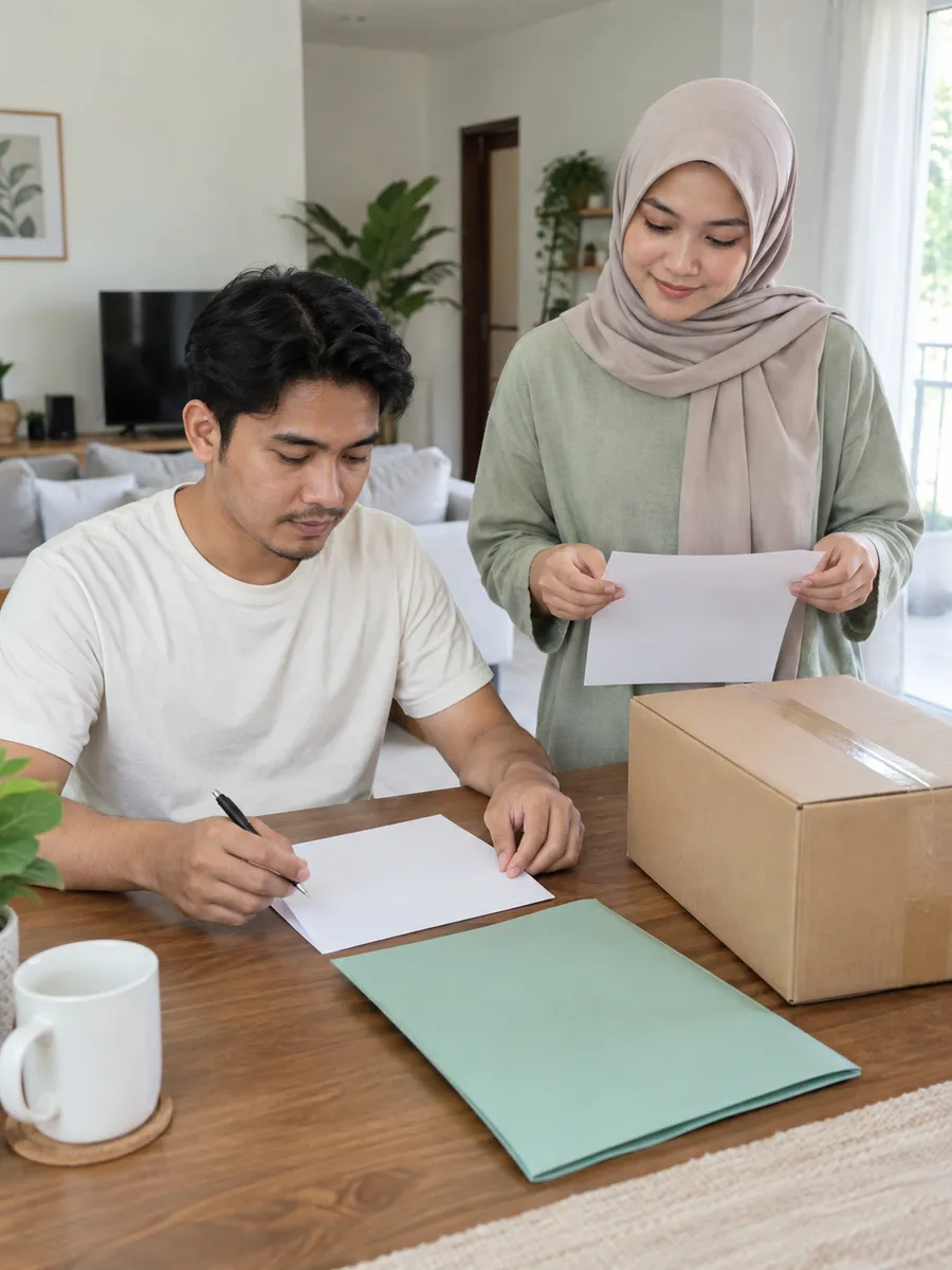 Ilustrasi persediaan pelanggan: dua pelanggan menyemak kertas kosong di meja rumah bersama folder mint dan kotak tertutup.